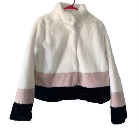Forever 21 White/Black/Light Pink Colorblock Faux Fur Coat Jacket Large - Picture 1 of 8